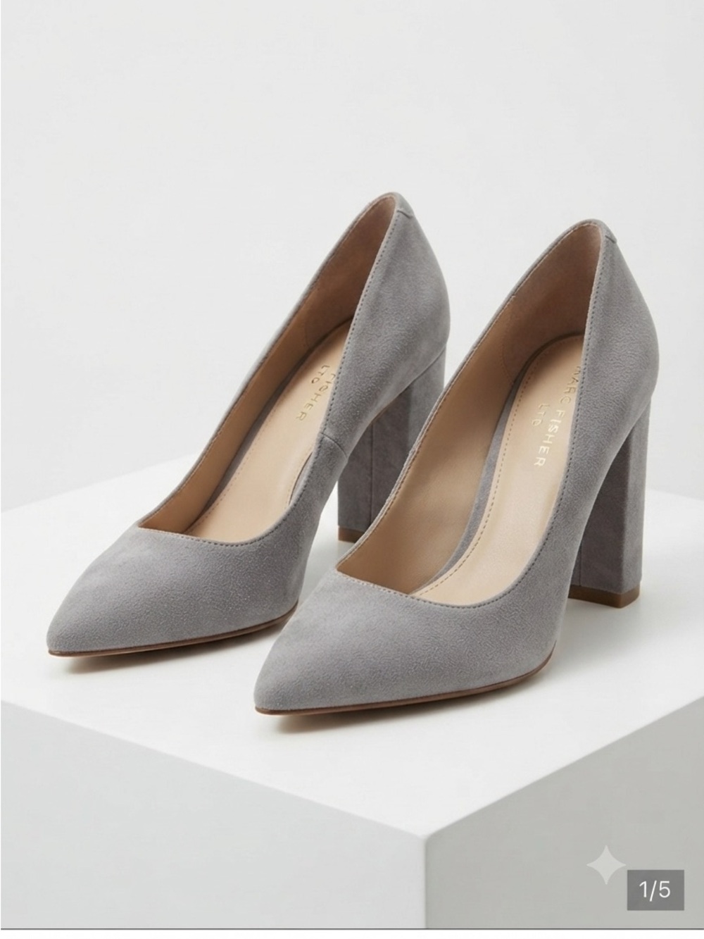 Marc Fisher Light Gray Suede Block Heel Pumps